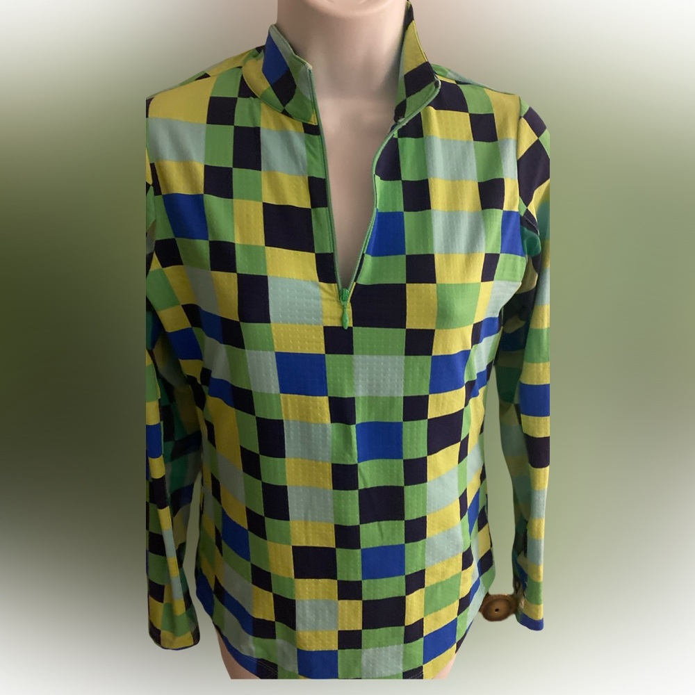 IBKUL Green and Blue Checkered Top- XS blue green , nylon spandex UPF 50